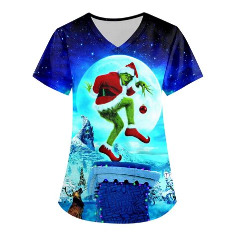 Christmas Scrubs Tops for Women, Women's Scrub Tops Grinch Printed V ...