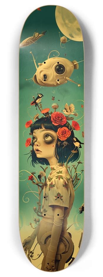 Robot bloomy girl skateboard 8 Inch Skateboard Deck by Draw me things