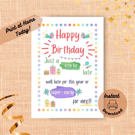 Printable Belated Birthday Card Instant Download Print At Home Card Funny Late Birthday Card