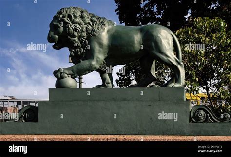 Lions At Dvortsovaya Pier Are Two Bronze Lion Sculptures Placed On The