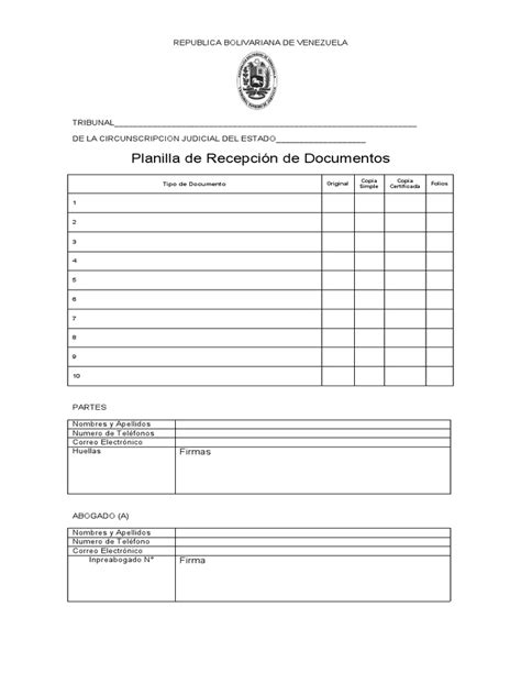 Planilla Recepcion De Documentos Pdf