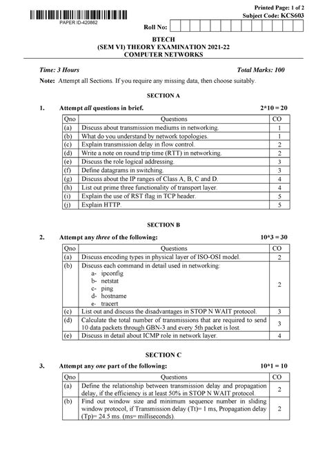 Btech Cs 6 Sem Computer Networks Kcs603 2022 Printed Page 1 Of 2