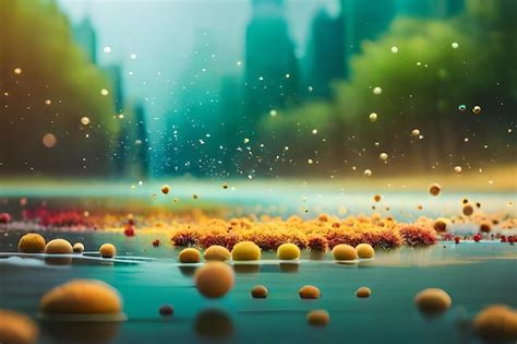 Premium Ai Image A Digital Painting Of Orange And Yellow Balls Floating In The Water