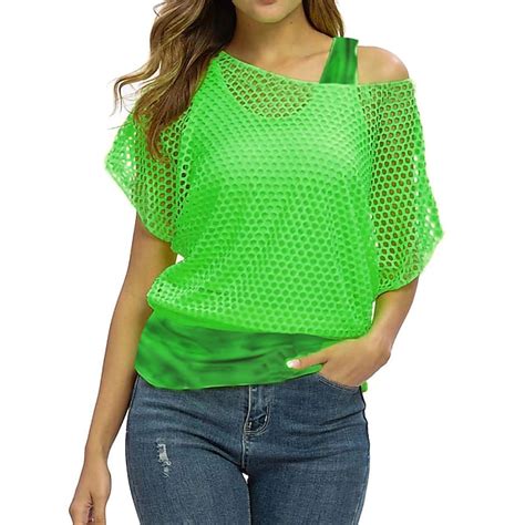 Women Casual Sexy 80s Costumes Fishnet Neon Off Shoulder T Shirt With