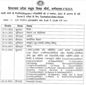 HP Board 10th Date Sheet 2023 HPBOSE Class 10 Date