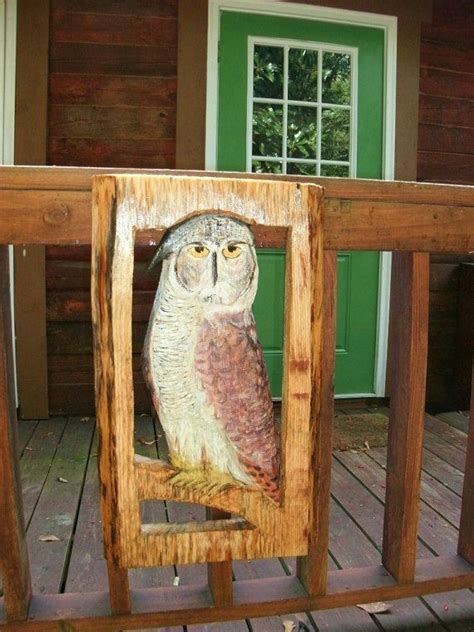 Perched Great Horned Owl X Chainsaw Wood Carving Framed Wildlife