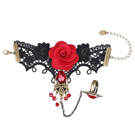 New Elegant Gothic Style Lace Red Rose Bracelet With Adjustable Finger