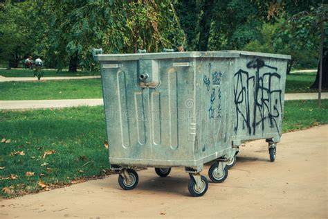 Two Vandalized Garbage Disposal Bins In The City Park In Skopje