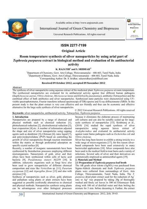 Pdf Room Temperature Synthesis Of Silver Nanoparticles By Using Arial Part Of Tephrosia