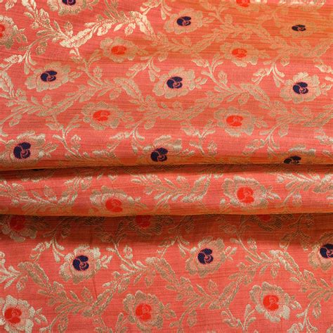 Buy Pink Golden Floral Banarasi Silk Fabric For Best Price Reviews