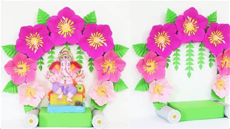 गणपती डेकोरेशन २०२२ Ganpati Decoration With Easy Paper Hibiscus Flowers Eco Friendly Makhar