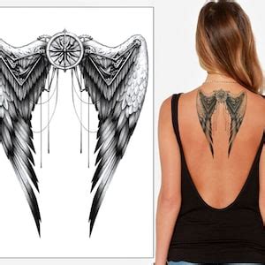 Mechanical Angel Wings Temporary Tattoo Transfer Grey Waterproof Realistic Arm Leg Thigh Back ...