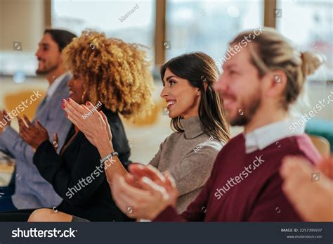 Cheerful Diverse Audience Clapping Hands Conference Stock Photo