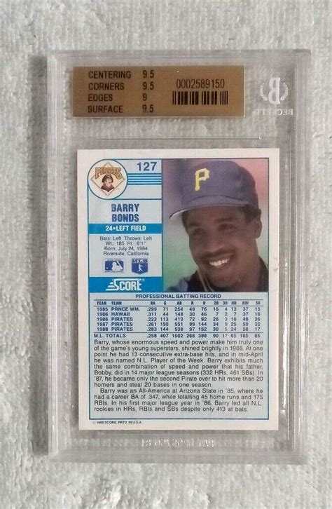 Score Baseball Barry Bonds Rookie Card Bgs Graded Gem