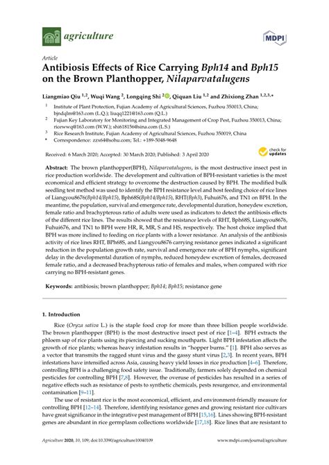 PDF Antibiosis Effects Of Rice Carrying Bph14 And Bph15 On The Brown