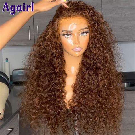 Agairl Perruque Lace Front Wig Naturelle Boucl E Cheveux Humains Brun