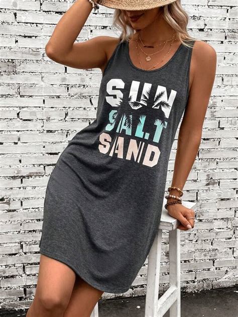 Shein Lune Vestido Tank Con Estampado De Rbol De Coco Y Letra Moda