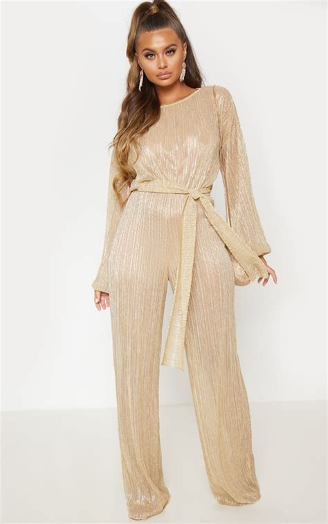 Gold Metallic Sheer Plisse Wide Leg Jumpsuit Prettylittlething Usa