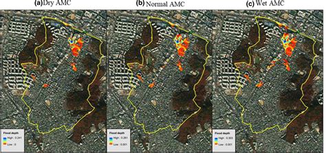 Flood maps corresponding to scenarios of dry (a), normal (b) and wet ...