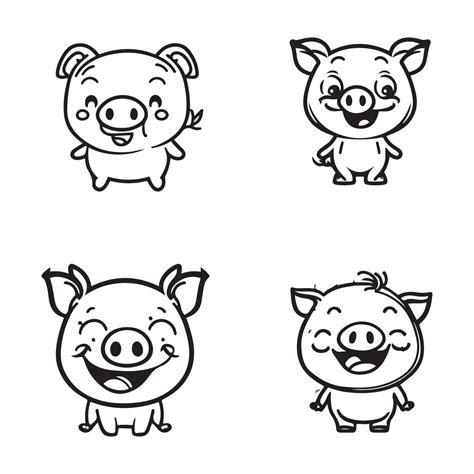 Set Of Cute Cartoon Pig Character Outline Icon Vector Smiling Pigs