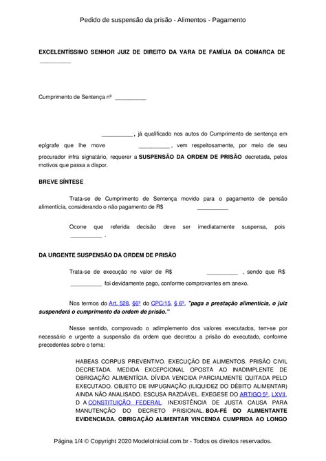 Modelo Pedido De Suspens O Da Pris O Alimentos Pagamento