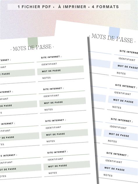 Mémo Mot de Passe à imprimer format inserts ou A4 ou A5 5 coloris