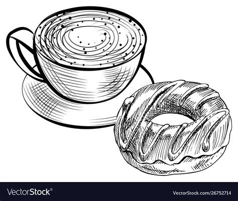 Sketch coffee drink and donut dessert Royalty Free Vector