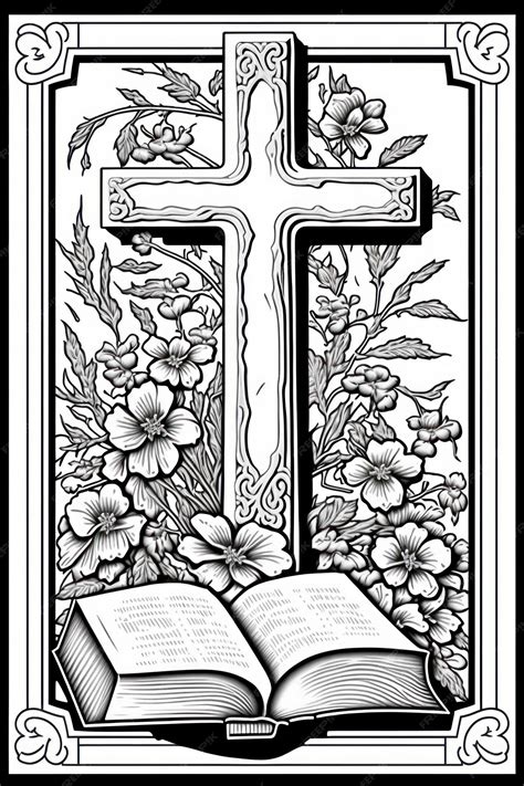 Premium AI Image | Coloring page for adults cross and open bible greyscale