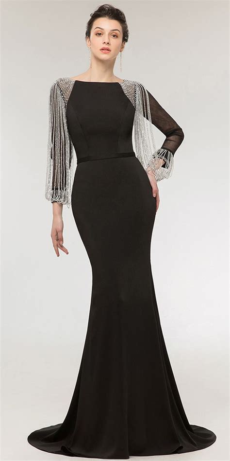 [189 59] Charming Four Way Spandex Bateau Neckline Long Sleeves Sheath Column Evening Dress