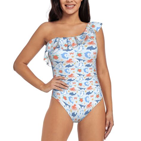 Salouo Ocean animals Pattern One Shoulder Ruffled One Piece Swimsuit