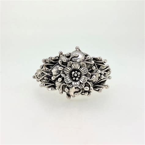 Vintage Sterling Silver 3d Flower Cuff Bracelet