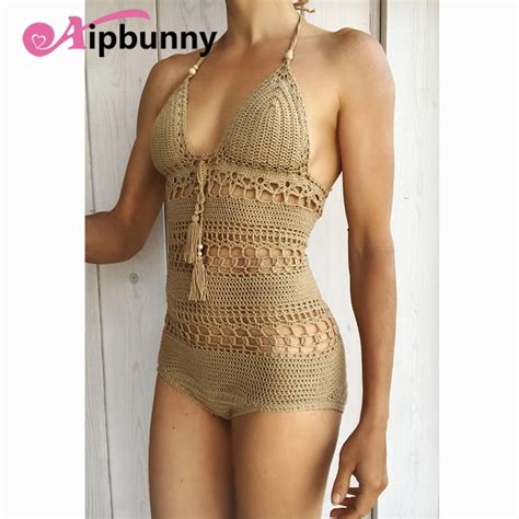 Sexy Women V Neck Halter One Piece Swimsuit Crochet Knitted Hollow Out Swimwear Biquini Female