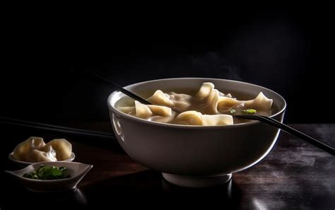 Un Plato De Sopa Wonton Con Un Plato De Fideos Y Un Plato De Cebollas