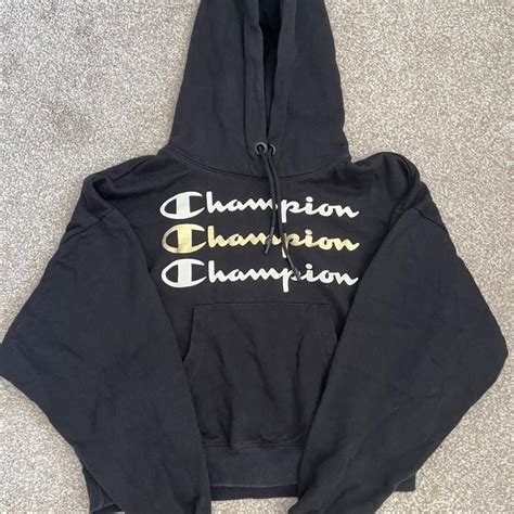 Black Cropped Champion Hoodie - size small (could... - Depop