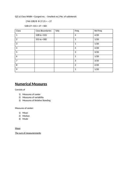 Stat Q A Class Width Largest No Smallest No No Of