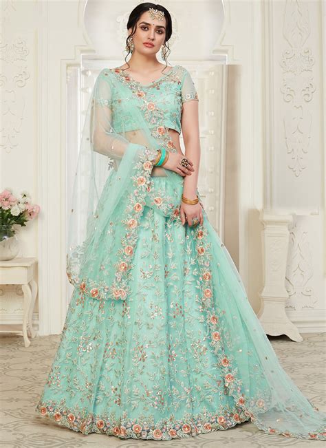 Shop Blue Net Embroidered Umbrella Lehenga Party Wear Online At Best