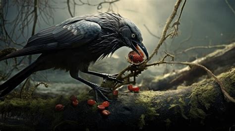 Premium AI Image | A raven sits on a branch and eats a red berry.