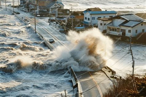 Premium Photo | Tsunami attack a coastal town after earthquake