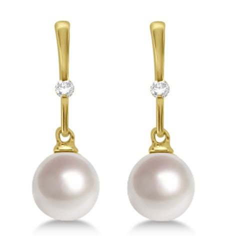 Freshwater Cultured Pearl And Diamond Drop Earrings 14k Yellow Gold 7mm