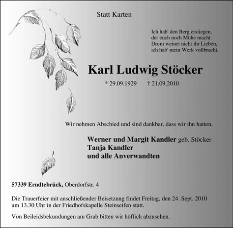 Traueranzeigen von Karl Ludwig Stöcker Trauer in NRW de