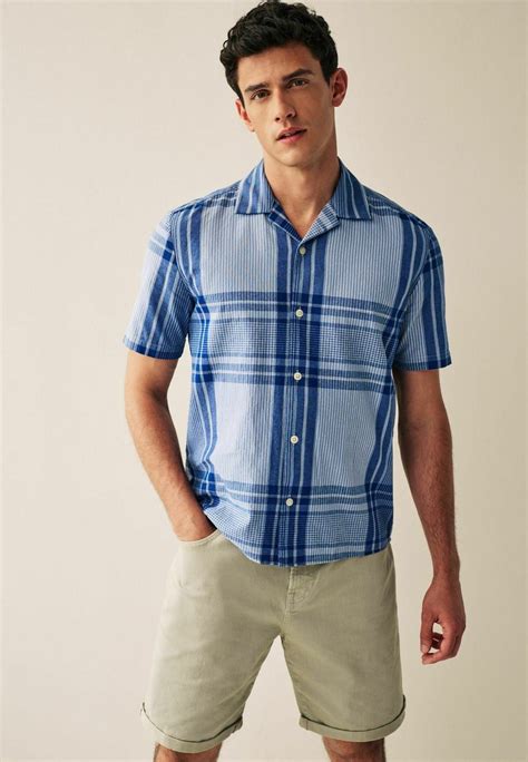 Next Textured Check Short Sleeve Shirt Overhemd Navy Blue Blauw