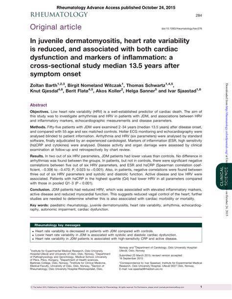 Pdf In Juvenile Dermatomyositis Heart Rate Variability Is Reduced