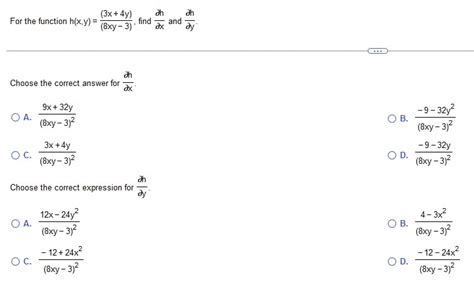 Solved For The Function H X Y 8xy−3 3x 4y Find ∂x∂h And