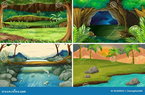 Four Forest Scenes With Trees And Rivers Stock Vector Illustration Of