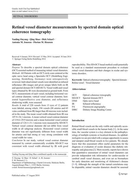 Pdf Retinal Vessel Diameter Measurements By Spectral Domain Optical