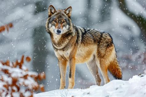 Premium Photo Gray Wolf Canis Lupus Wolf Standing In The Snow Captive