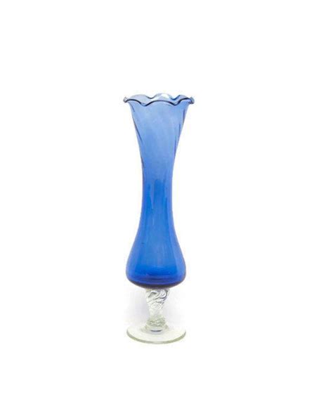 Vintage Cobalt Blue Glass Vase Ruffle Top Optic Pedestal Retro Hand