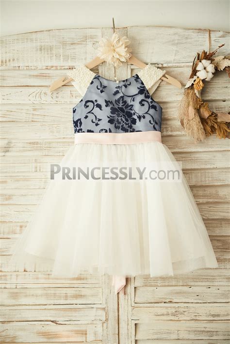 Pearls Shoulder V Back Navy Blue Lace Ivory Tulle Flower Girl Dress