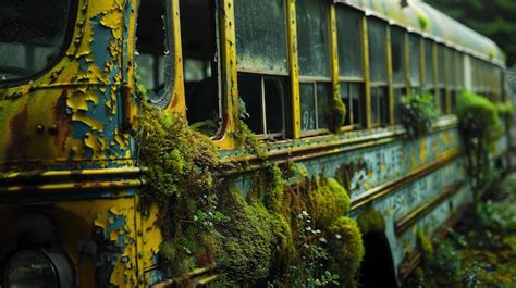 Premium Photo Old Abandoned School Bus Covered In Moss And Rust Sits