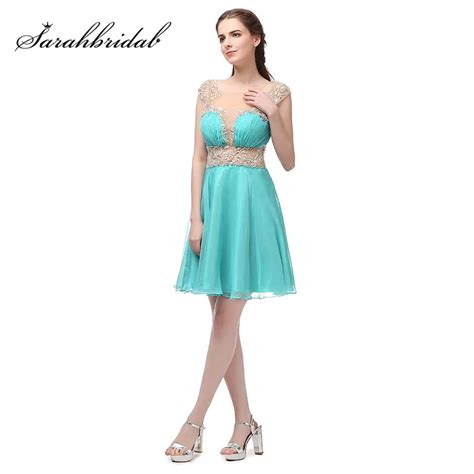 New Arrival Mint Rhinestones Homecoming Prom Dresses Chiffon A Line Illusion Neckline Pleated